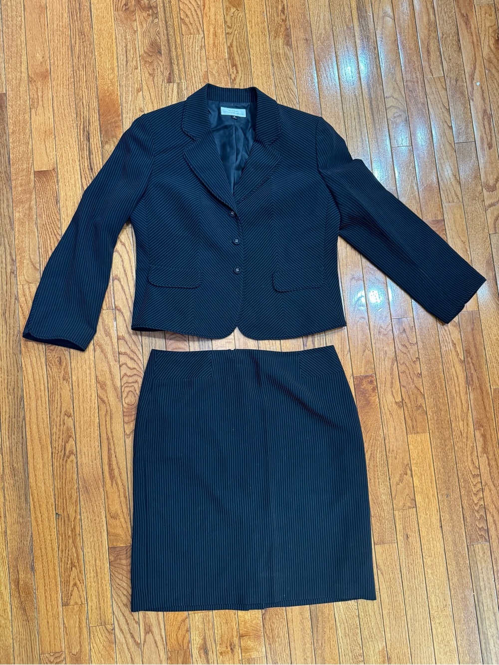 Women's Black and tan Pinstripe Blazer & Skirt Suit with back Slit